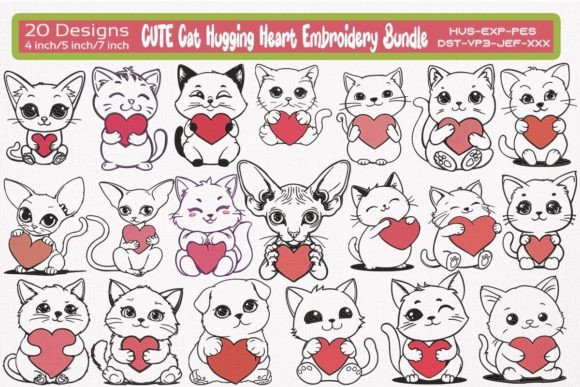 Cute Cat Hugging Heart Embroidery Bundle
