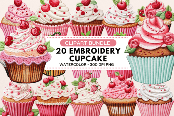 Embroidery Cupcake Clipart Bundle