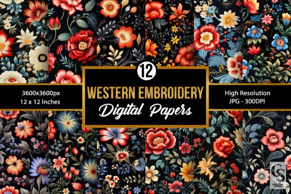 Western Embroidery Flowers Digital Paper