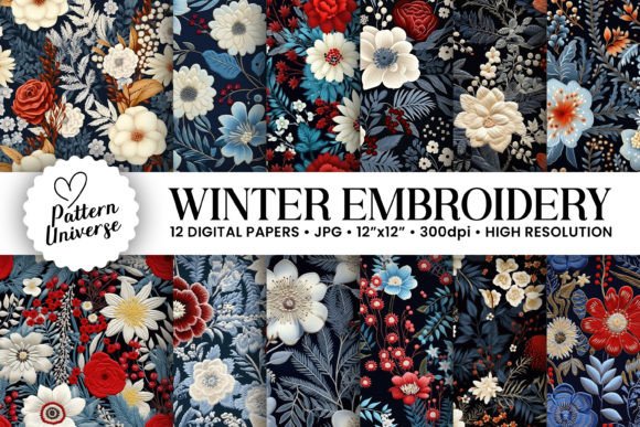Winter Embroidery Flowers Digital Papers